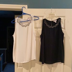 Two Ann Taylor Loft blouses. Identical blouses with beaded neckline. Black/cream